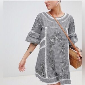 Free People Black & White Gingham Embroidered Mini Dress
